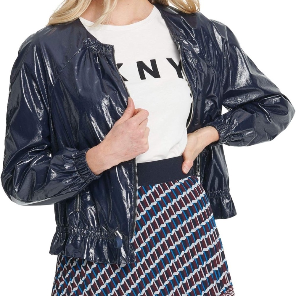 DKNY Lightweight Faux Leather Bomber Jacket Super Shiny Chic Blue Size Medium